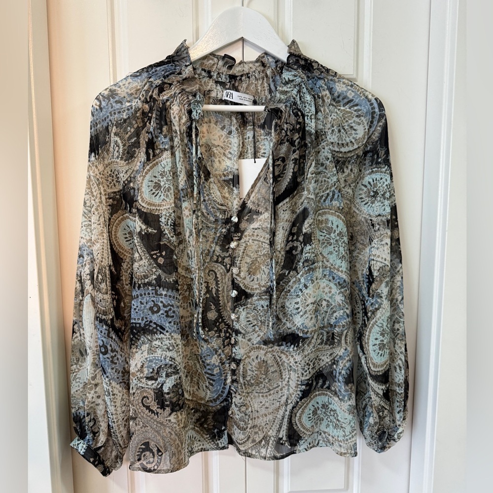 Zara Paisley Print Long Sleeve Sheer Top | Small